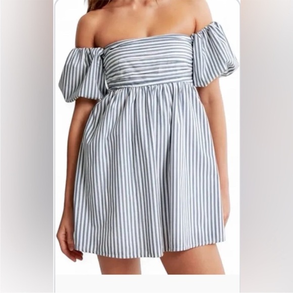 Abercrombie & Fitch Emerson Puff Sleeve Off-Shoulder Stripe Mini Dress Large - Picture 1 of 7